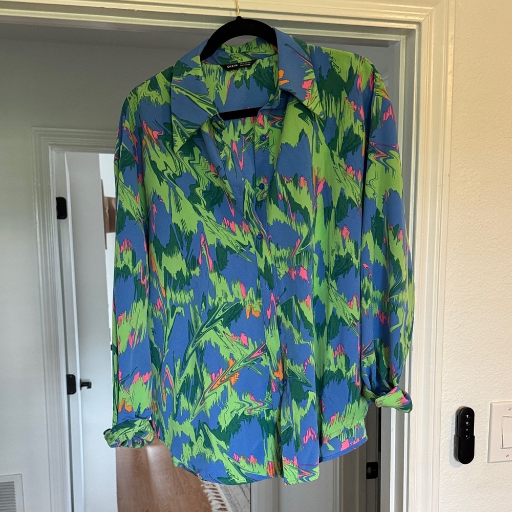 SHEIN Vibrant Green and Blue Casual Shirt